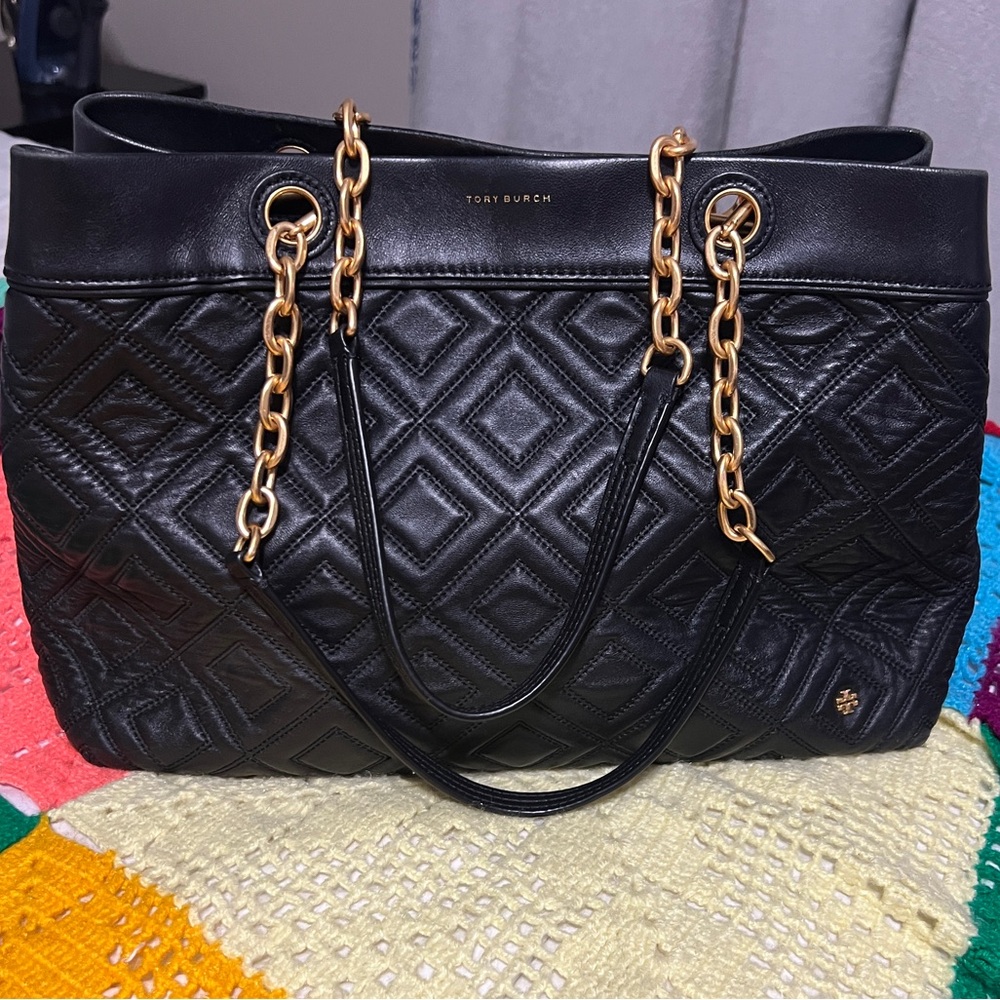 Tory Burch Black Quilted Leather Shoulder Bag with Gold Chain Handles